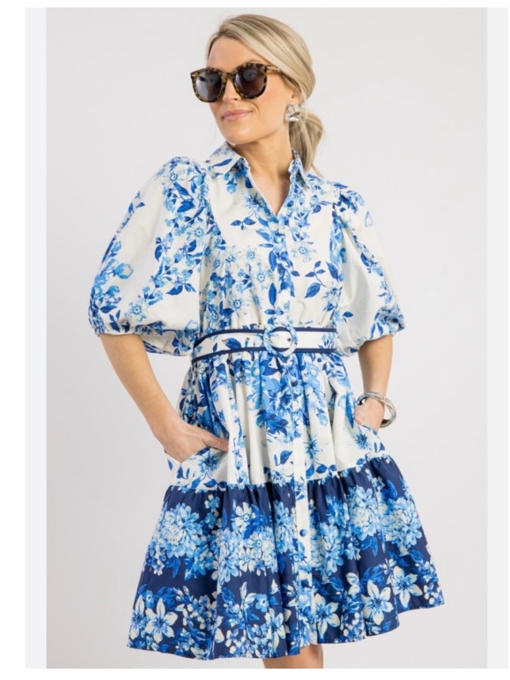 Olivaceous blue and white floral button up belted puff sleeve dress, size Medium